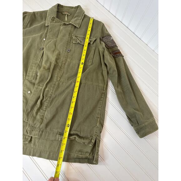 Free People Embellished Military Jacket Green Army Fatigue Beaded Shirt Size S - Picture 6 of 8